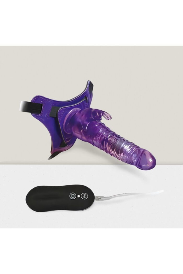 Harness-Rabbit Dong * Tavşan Şeklinde Uyarıcılı * Belden Bağlama Kemerli Titreşimli Mavi Renkte 10 Farklı Modu ve 21 cm Uzunluğunda Vibratör Dildo - Image 3