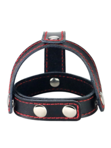 Bondage Fetish T-Style Leather Cockring With Ball Divider - Image 2