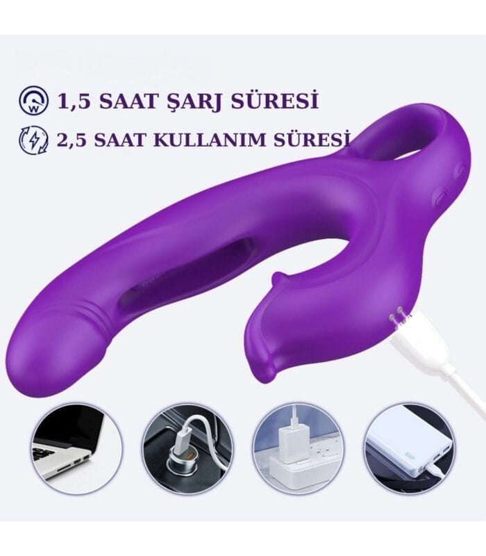 Üç Motorlu Klitoris Darbeli Vibratör Premium Saf Tutku %100 Liquid Silikon (Mor) - Image 5